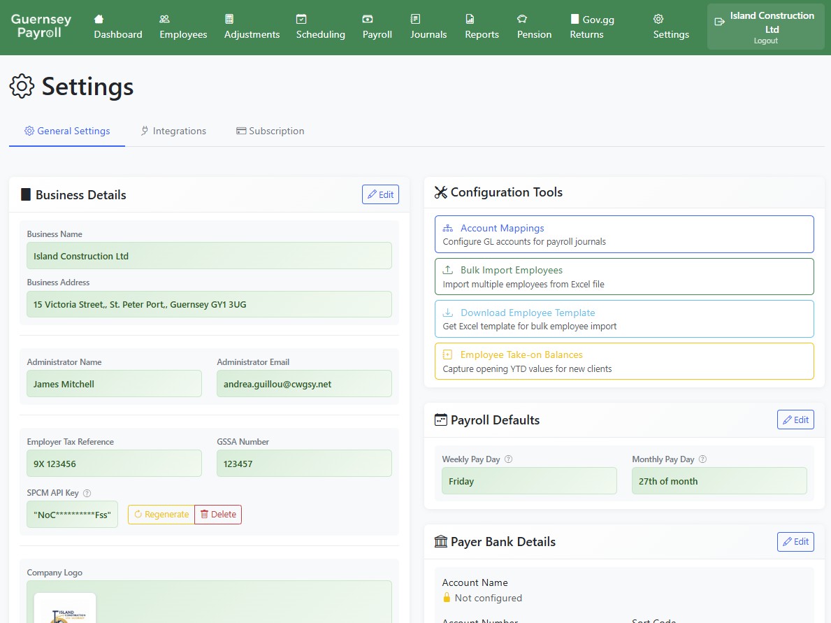 Settings page showing business information form